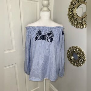 boohoo Blue White Striped Embroidered Off Shoulder Tunic Blouse Size S.